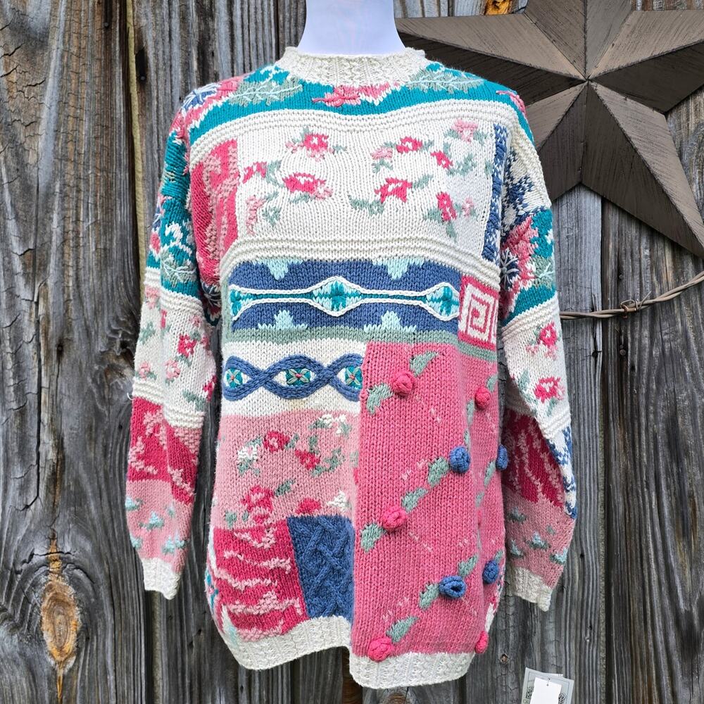 Patchwork Sweater Crystal Kobe Size Petite Medium Pink Blue Beige Floral Vintage